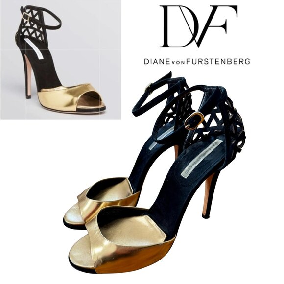 DIANE VON FURSTENBERG Metallic Gold Stiletto Heel Sandals Black Suede Size 8.5 - Picture 1 of 14